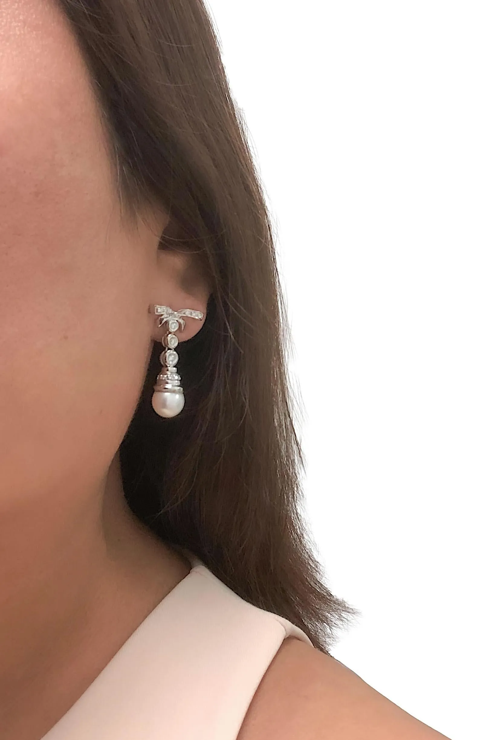Vintage French 18K White Gold Cultured Pearl and Diamond Dangle Earrings