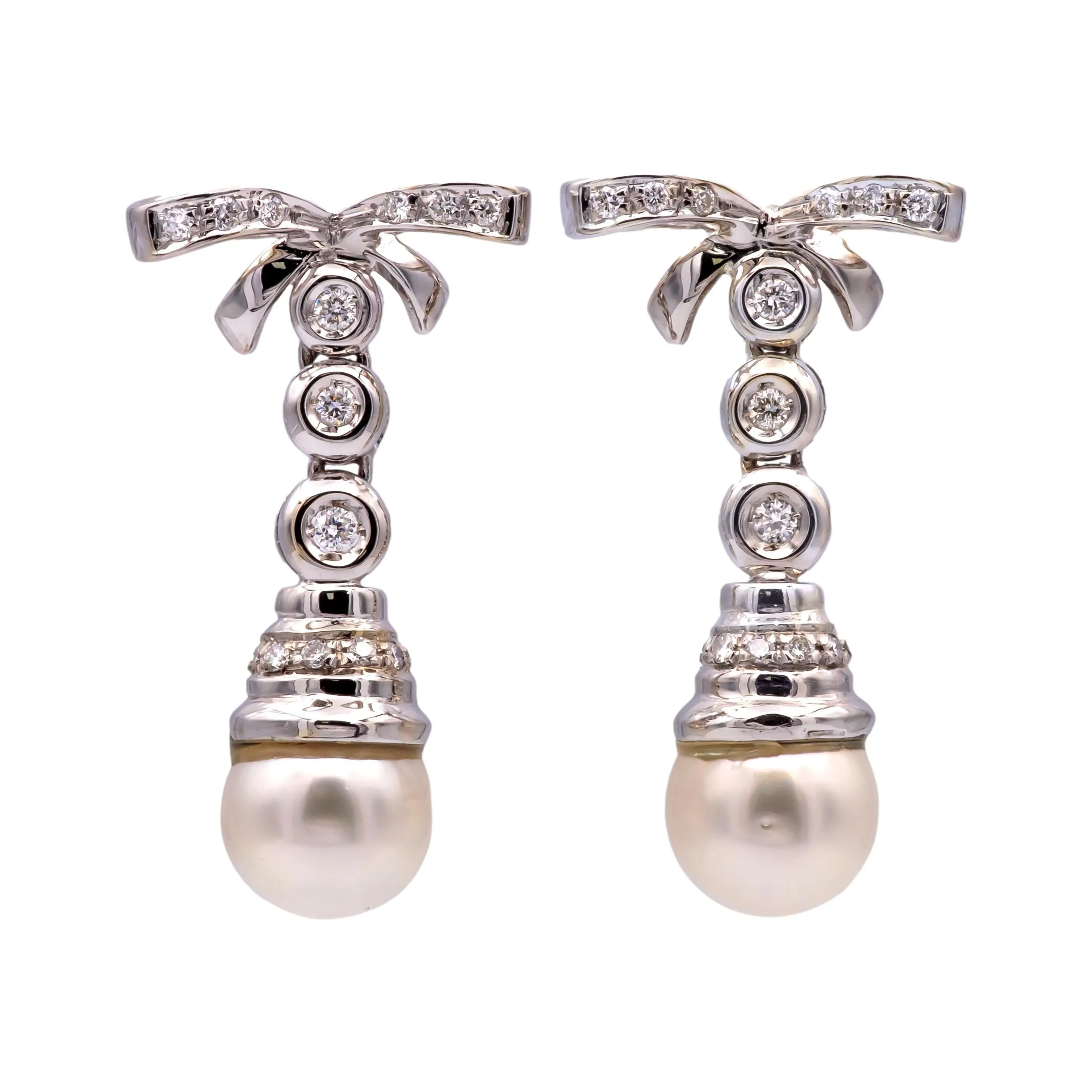 Vintage French 18K White Gold Cultured Pearl and Diamond Dangle Earrings