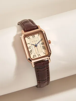 Vintage Water Resistant Polygon Pointer Quartz Watch - Brown