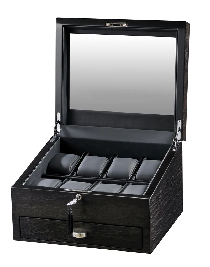 Volta 8 Watch Box with See Through Glass Window and Storage (Rustic Brown)