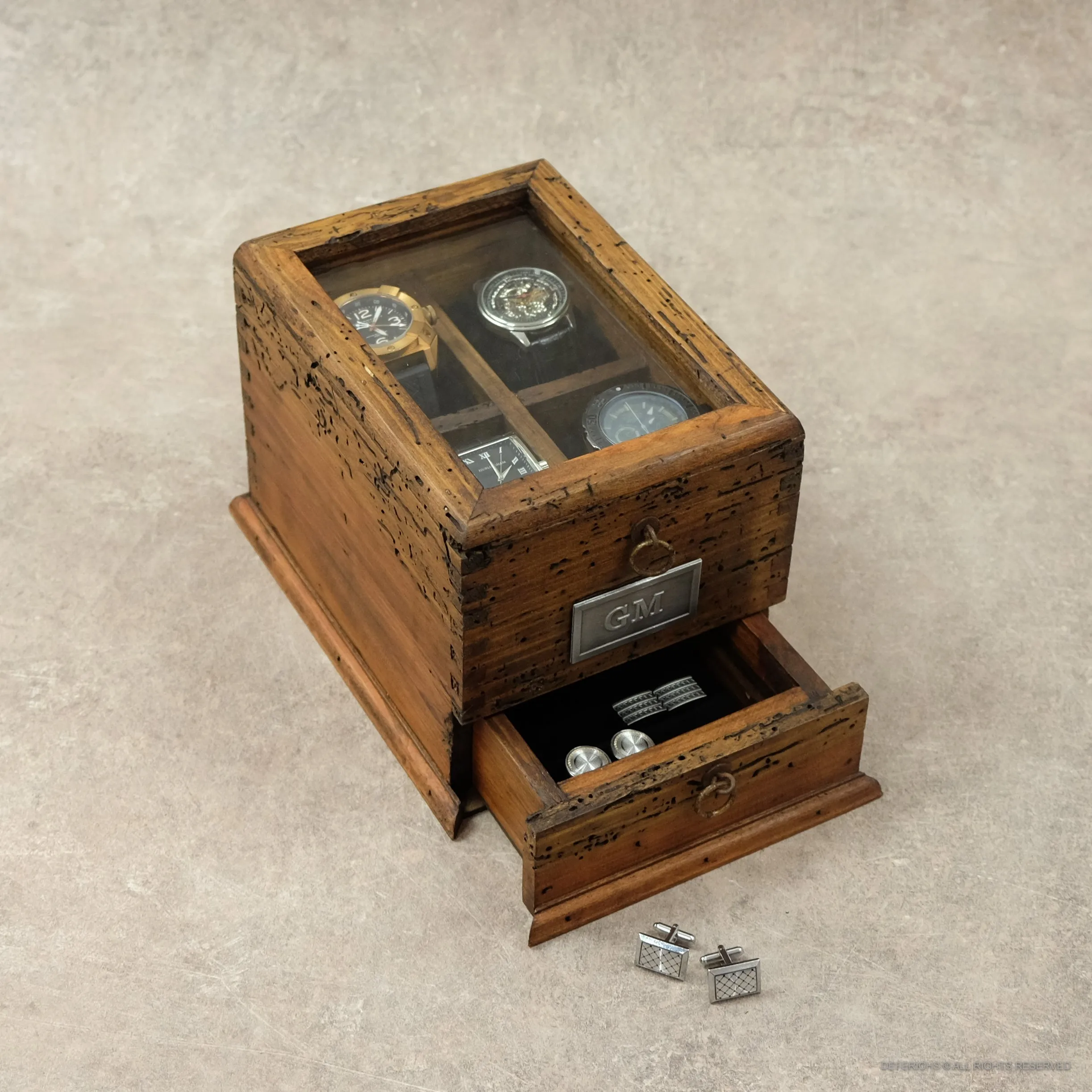 Watch Box for 4 Watches with Cufflink/Ring Holder Drawer