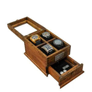 Watch Box for 4 Watches with Cufflink/Ring Holder Drawer