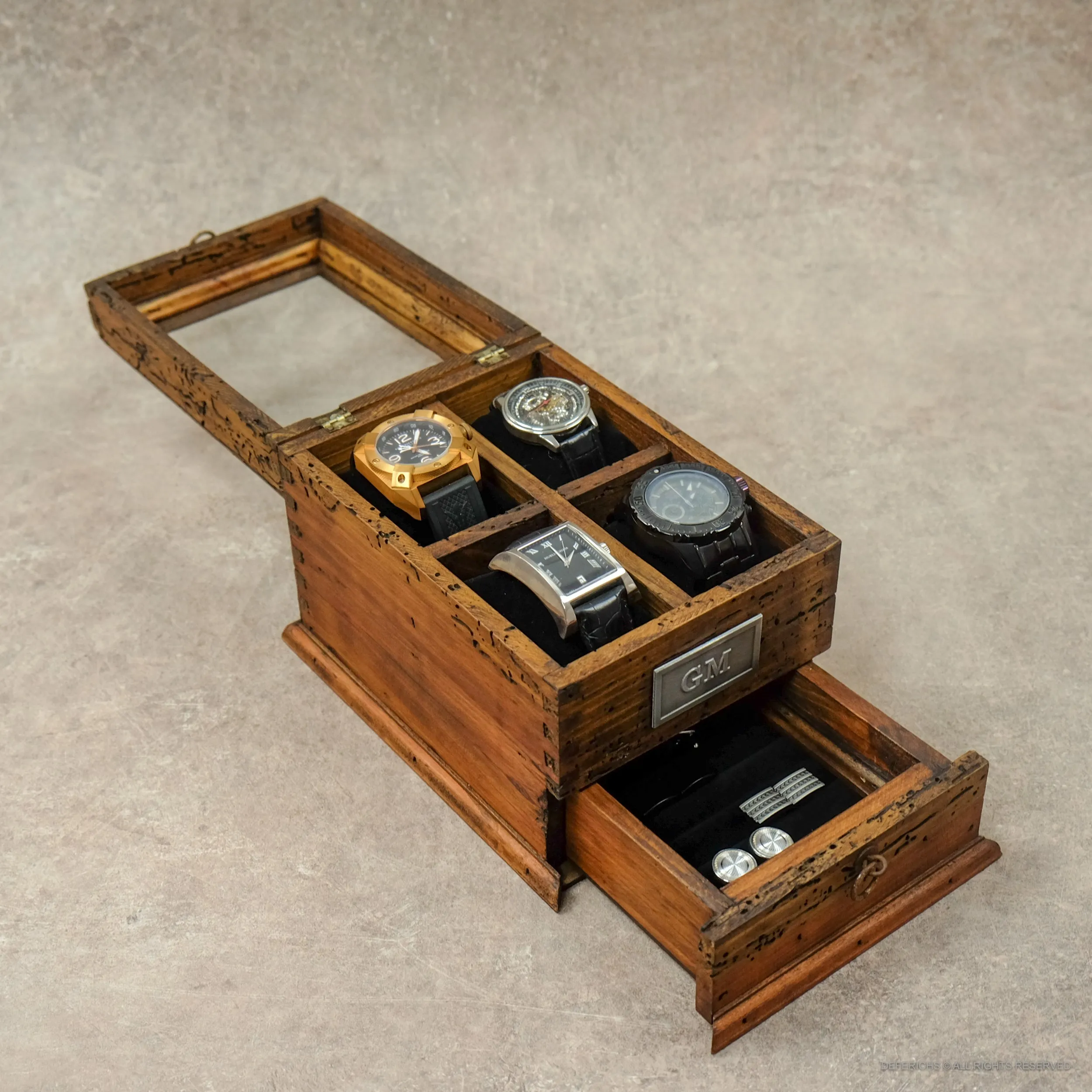 Watch Box for 4 Watches with Cufflink/Ring Holder Drawer