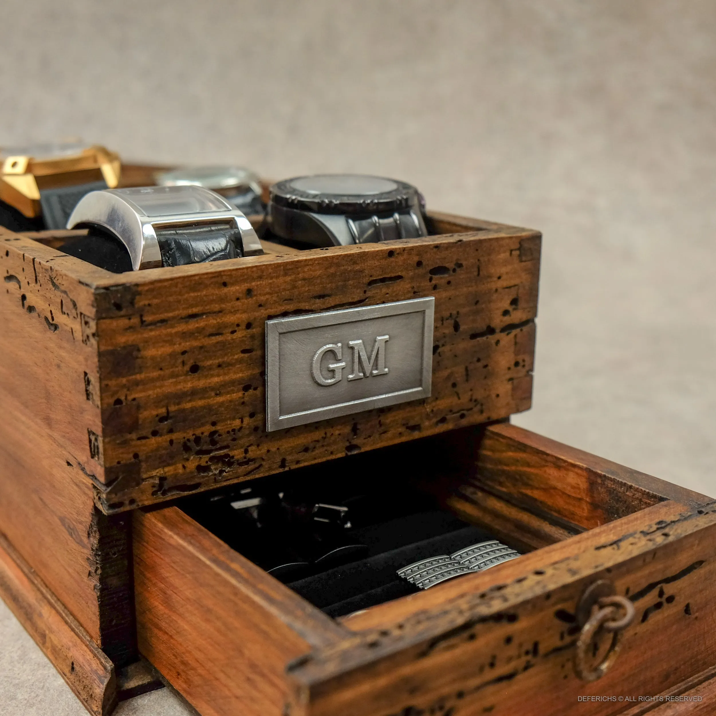 Watch Box for 4 Watches with Cufflink/Ring Holder Drawer