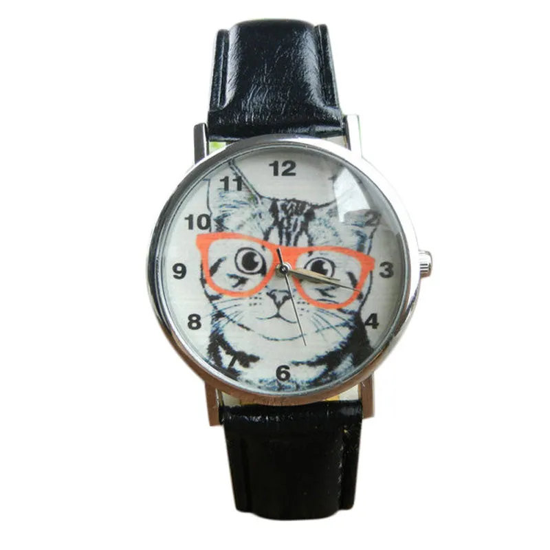Wearing Glasses Cat Watch Fashion PU Leather For Women
